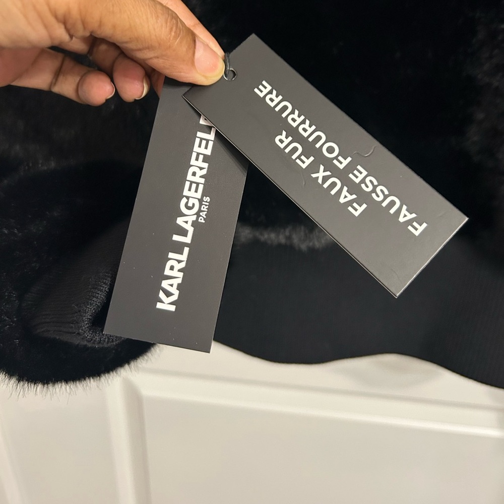 Karl Lagerfeld Faux Fur Logo Patch Bomber Jacket - Picture 11 of 17